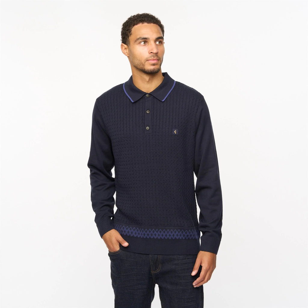 V55GM05 Mens Ely Long Sleeve Knitted Three Button Polo Gabicci Vintage - NAVY