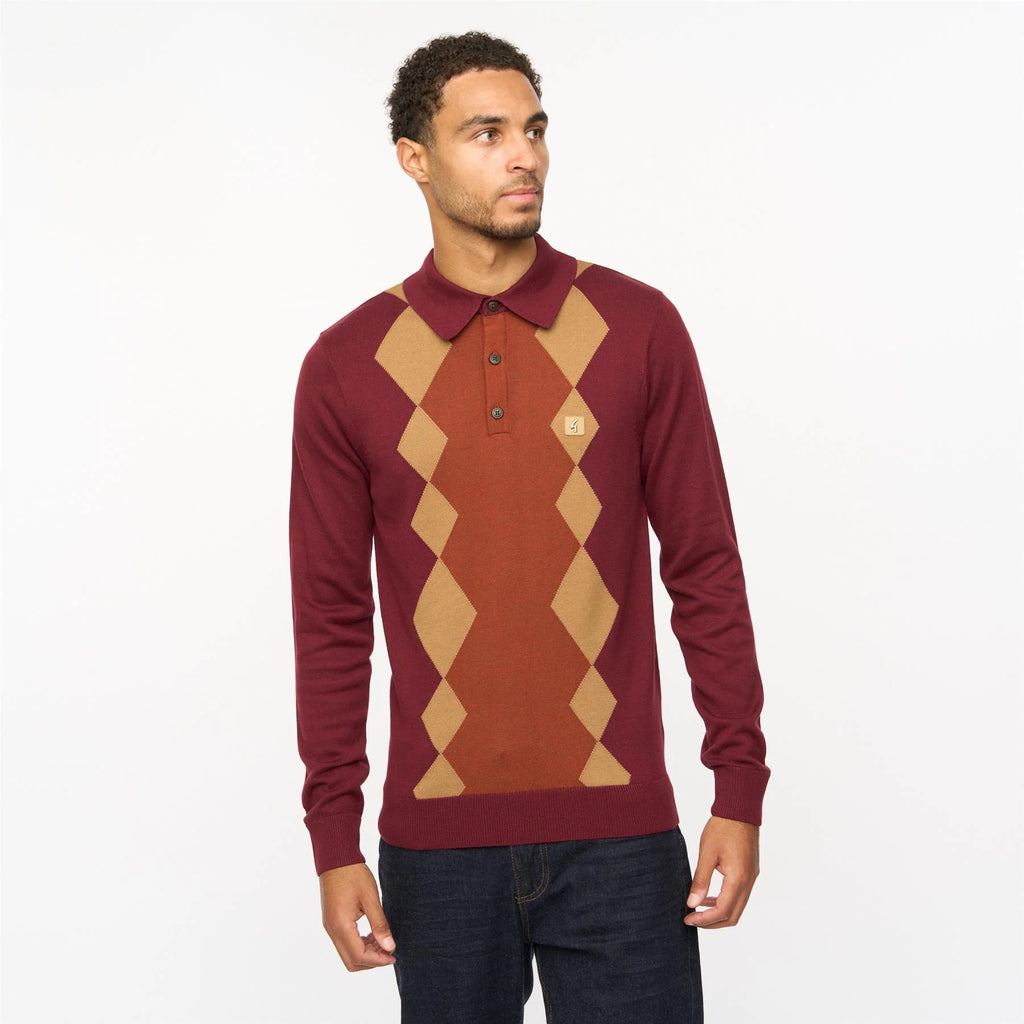 V55GM02 Mens Bond Long Sleeve Knitted Three Button Polo Gabicci Vintage
