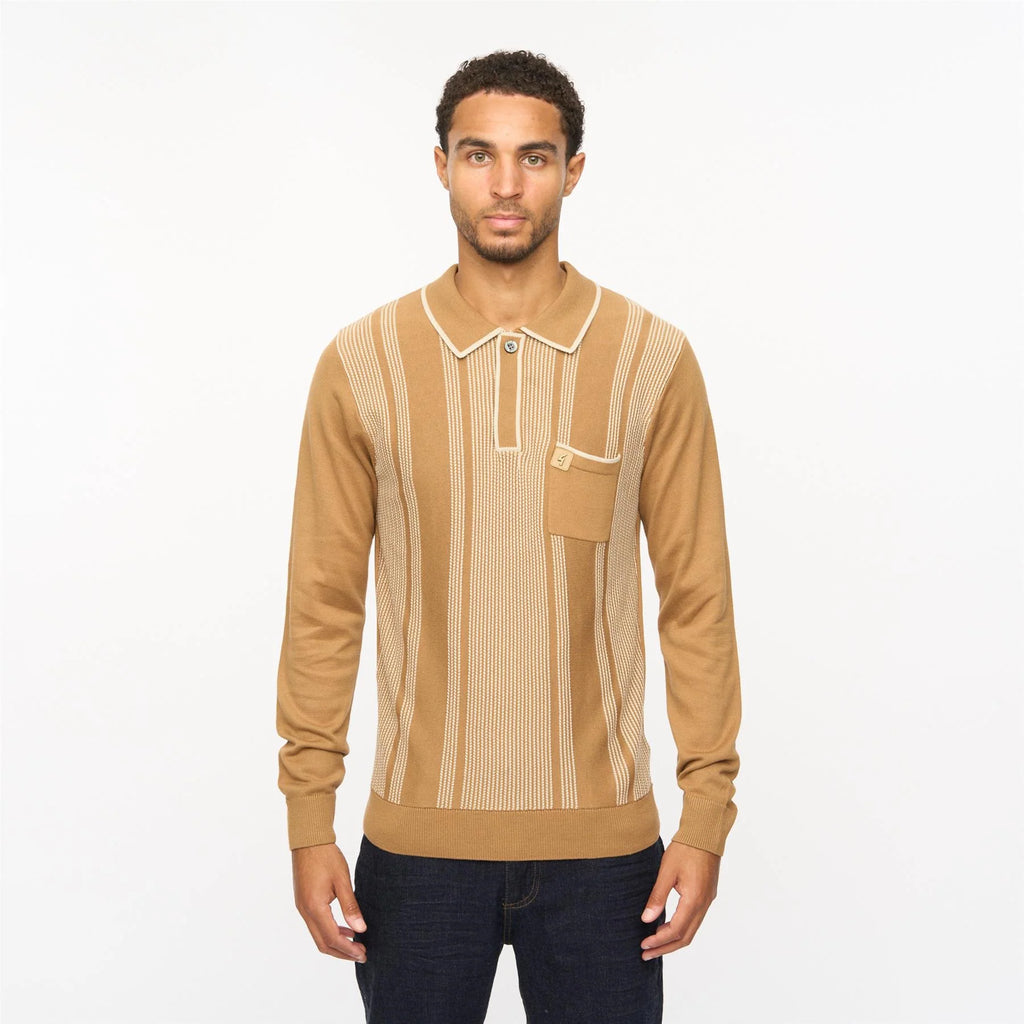 V55GM04 Mens Dante Long Sleeve Knitted Three Button Polo Gabicci Vintage - NUTMEG