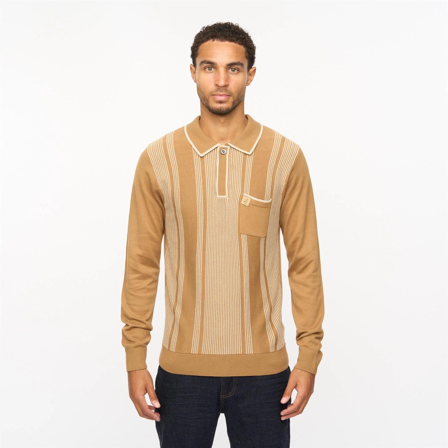 V55GM04 Mens Dante Long Sleeve Knitted Three Button Polo Gabicci Vintage - NUTMEG