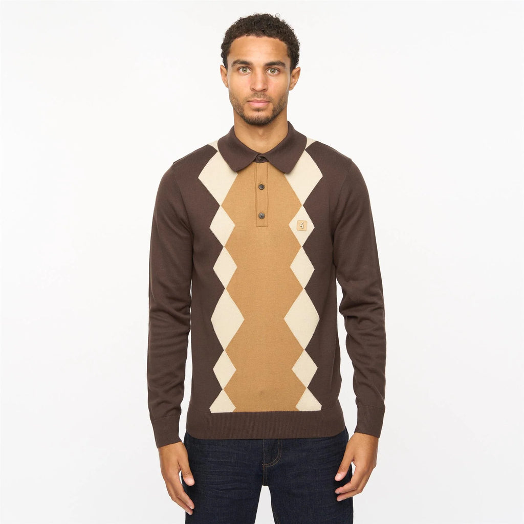 V55GM02 Mens Bond Long Sleeve Knitted Three Button Polo Gabicci Vintage