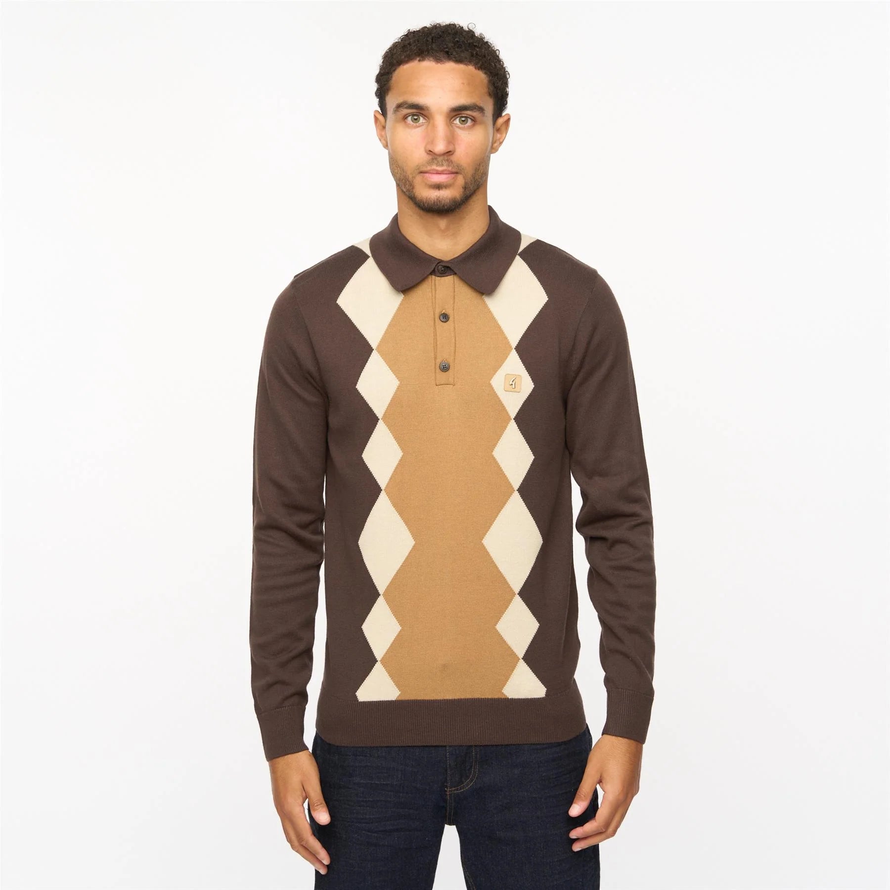 V55GM02 Mens Bond Long Sleeve Knitted Three Button Polo Gabicci Vintage