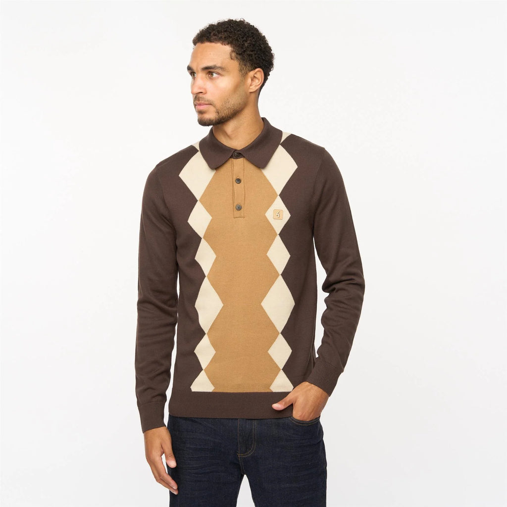V55GM02 Mens Bond Long Sleeve Knitted Three Button Polo Gabicci Vintage