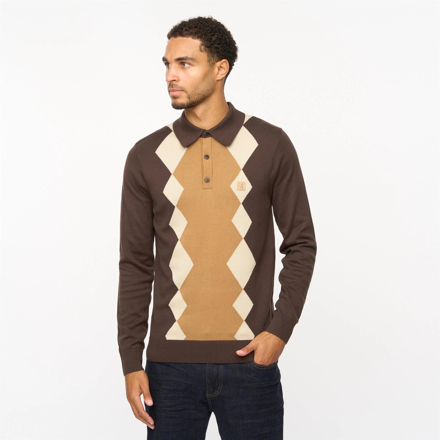 V55GM02 Mens Bond Long Sleeve Knitted Three Button Polo Gabicci Vintage