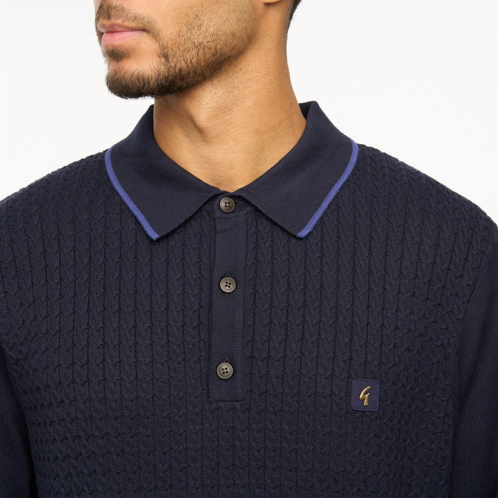V55GM05 Mens Ely Long Sleeve Knitted Three Button Polo Gabicci Vintage - NAVY