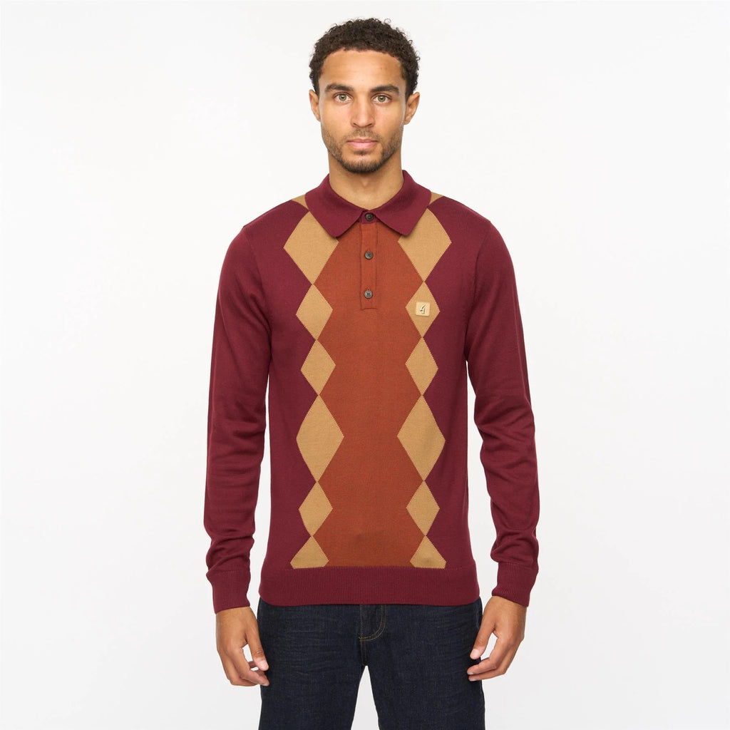V55GM02 Mens Bond Long Sleeve Knitted Three Button Polo Gabicci Vintage