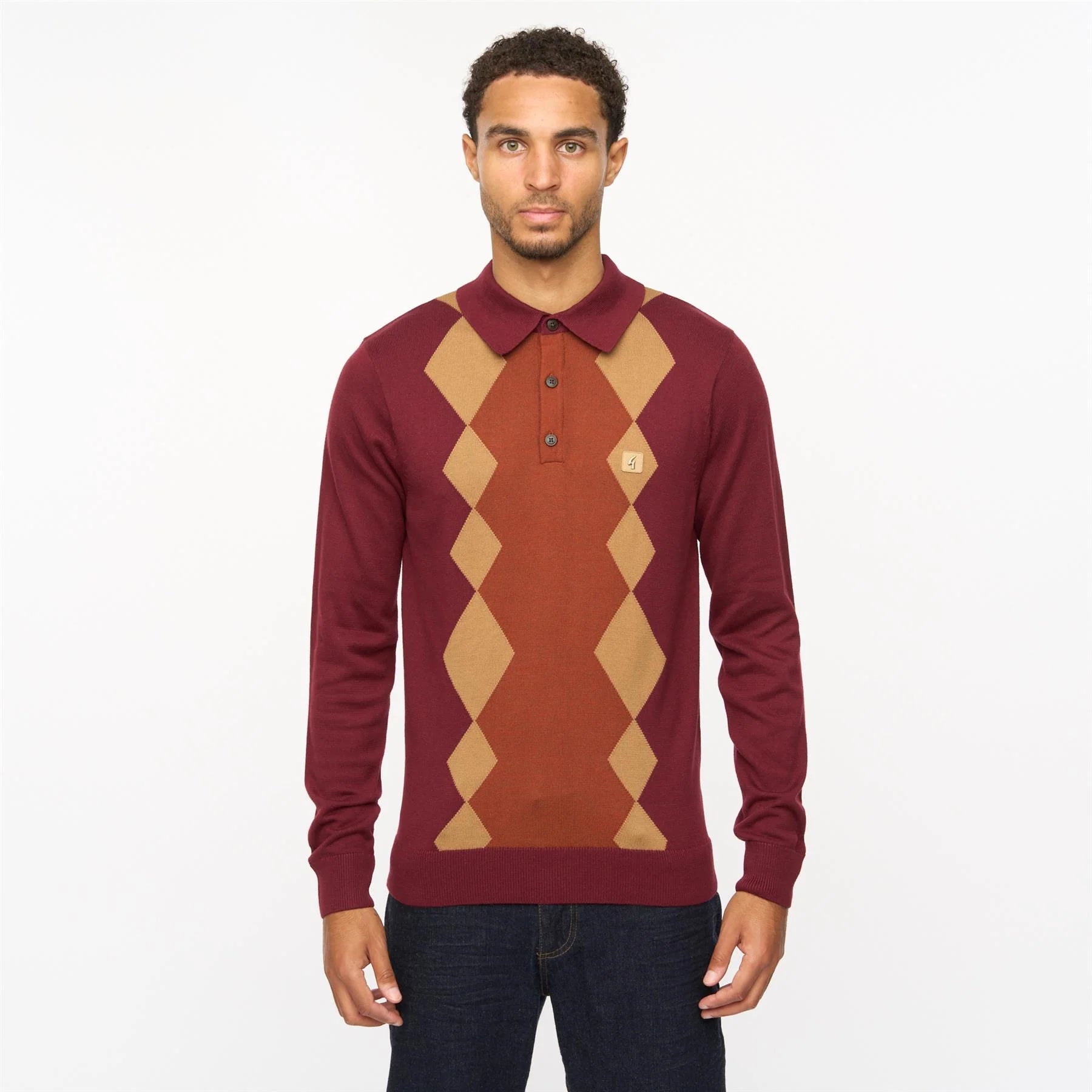V55GM02 Mens Bond Long Sleeve Knitted Three Button Polo Gabicci Vintage