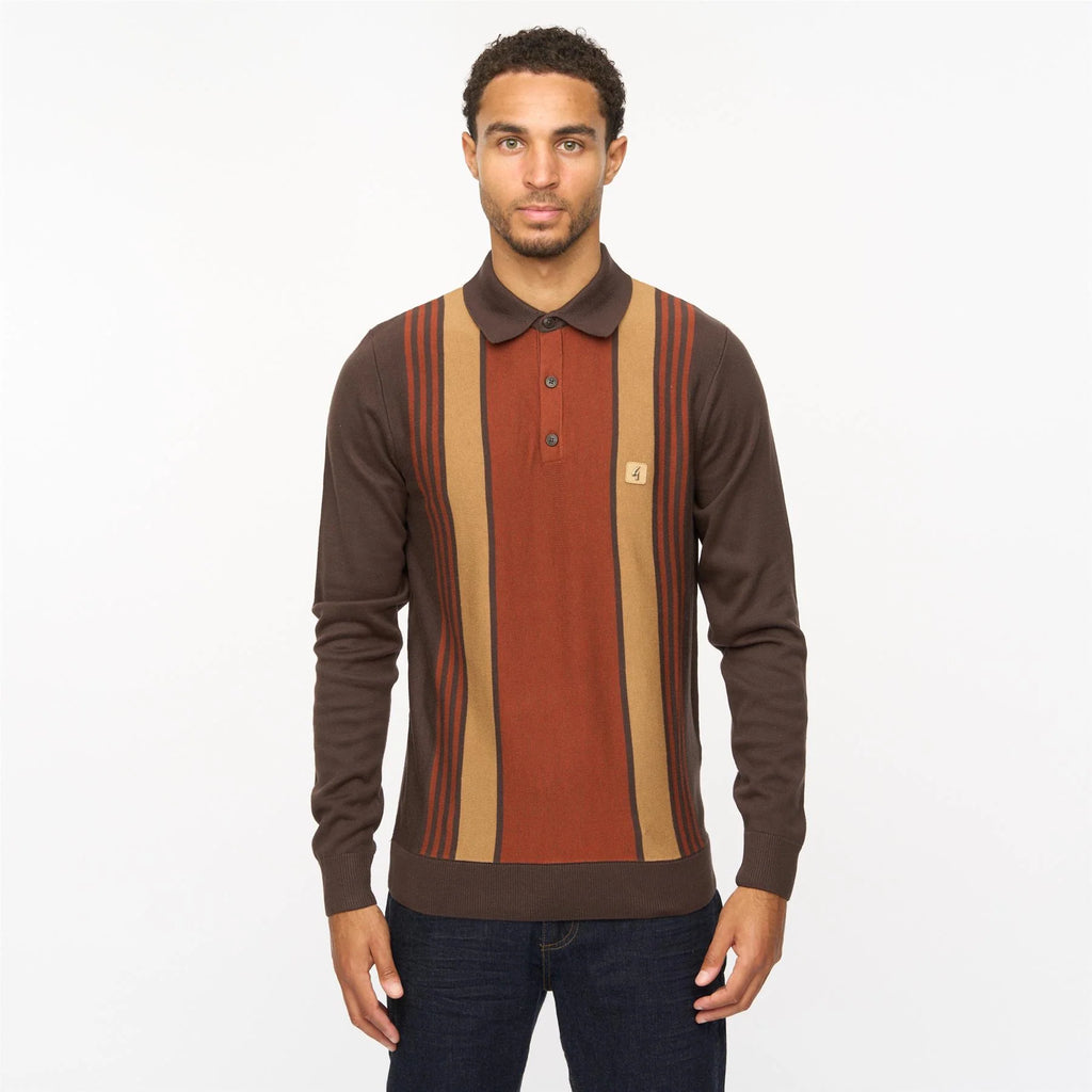 V55GM00 Mens Searle Long Sleeve Knitted Three Button Polo Gabicci Vintage - CLOVE