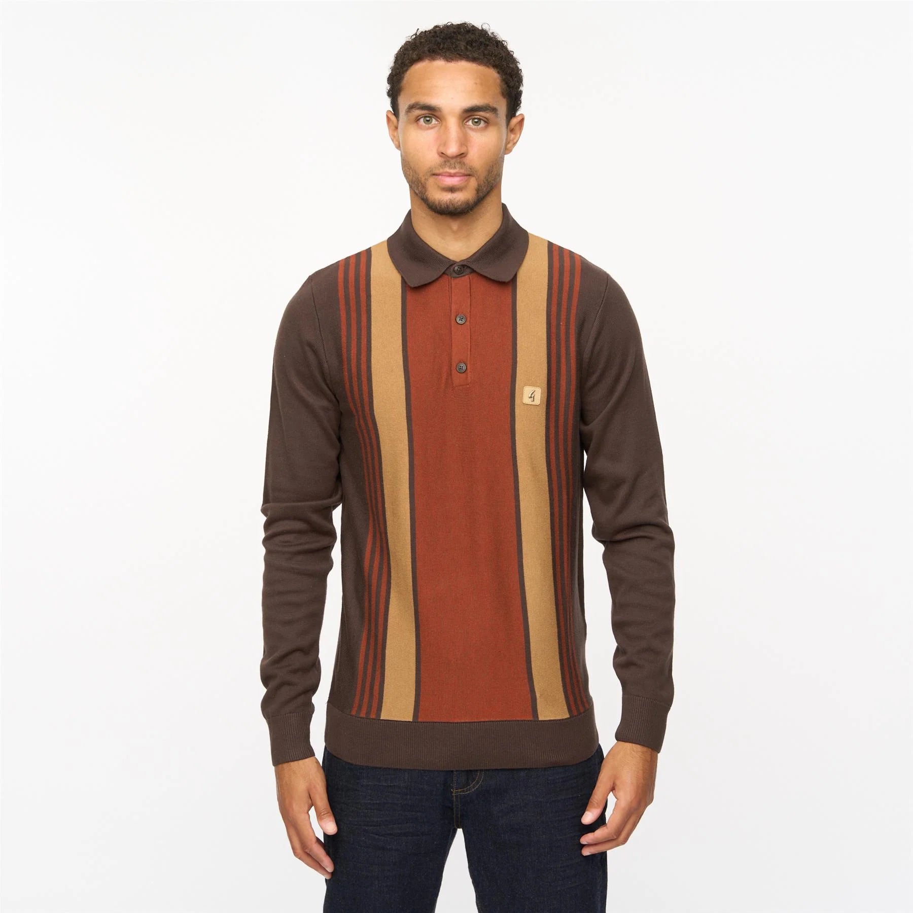 V55GM00 Mens Searle Long Sleeve Knitted Three Button Polo Gabicci Vintage - CLOVE