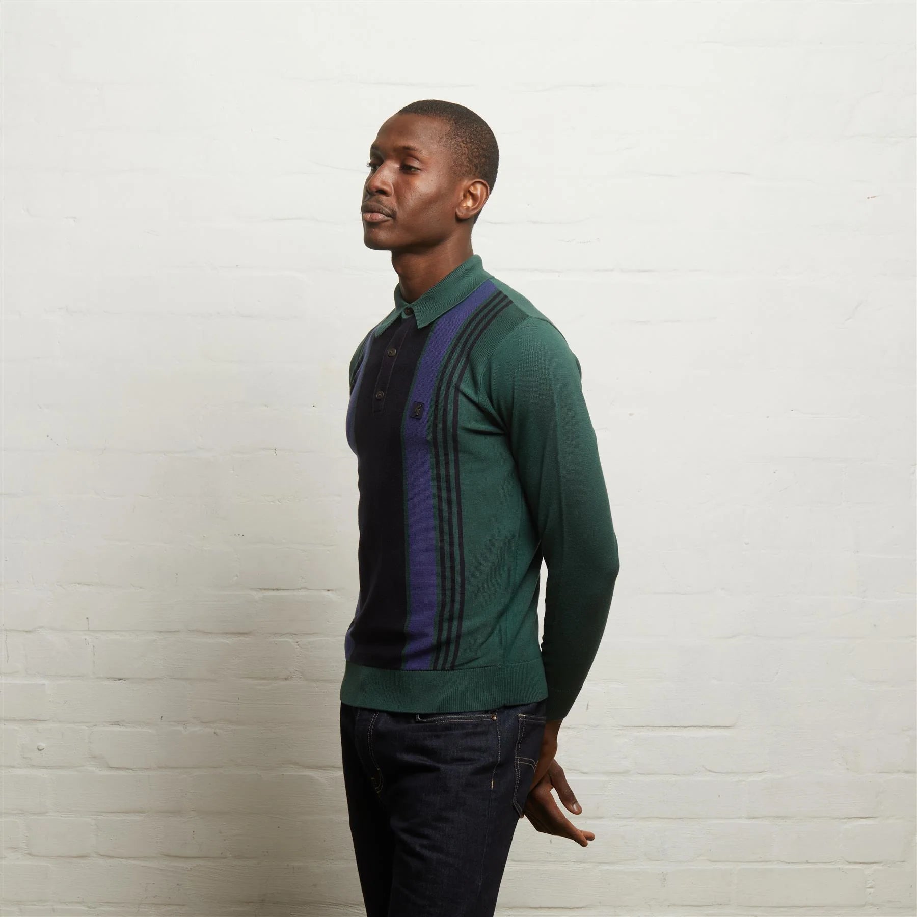 V55GM00 Mens Searle Long Sleeve Knitted Three Button Polo Gabicci Vintage - IVY