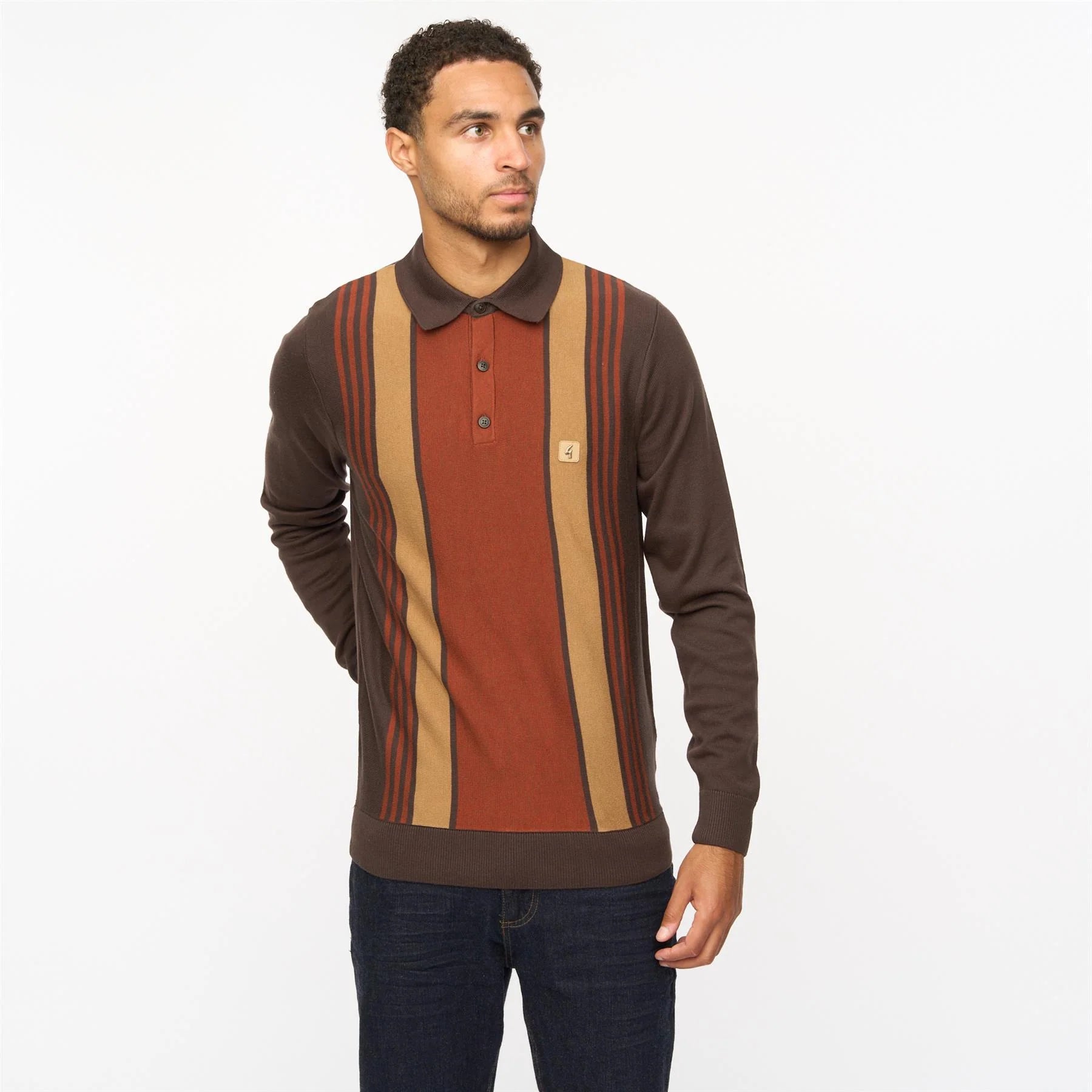 V55GM00 Mens Searle Long Sleeve Knitted Three Button Polo Gabicci Vintage - CLOVE