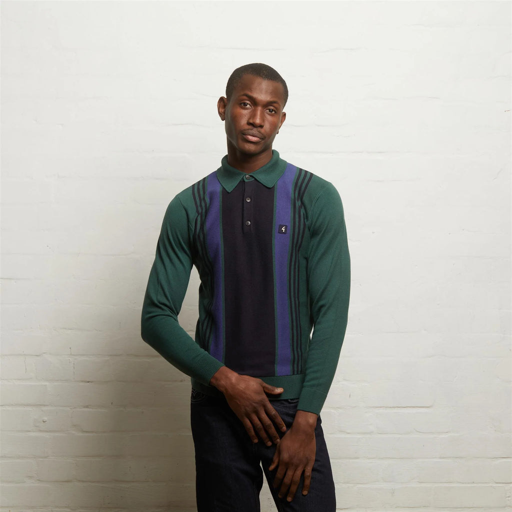 V55GM00 Mens Searle Long Sleeve Knitted Three Button Polo Gabicci Vintage - IVY