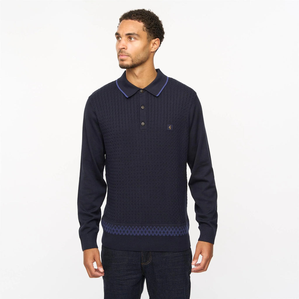 V55GM05 Mens Ely Long Sleeve Knitted Three Button Polo Gabicci Vintage - NAVY