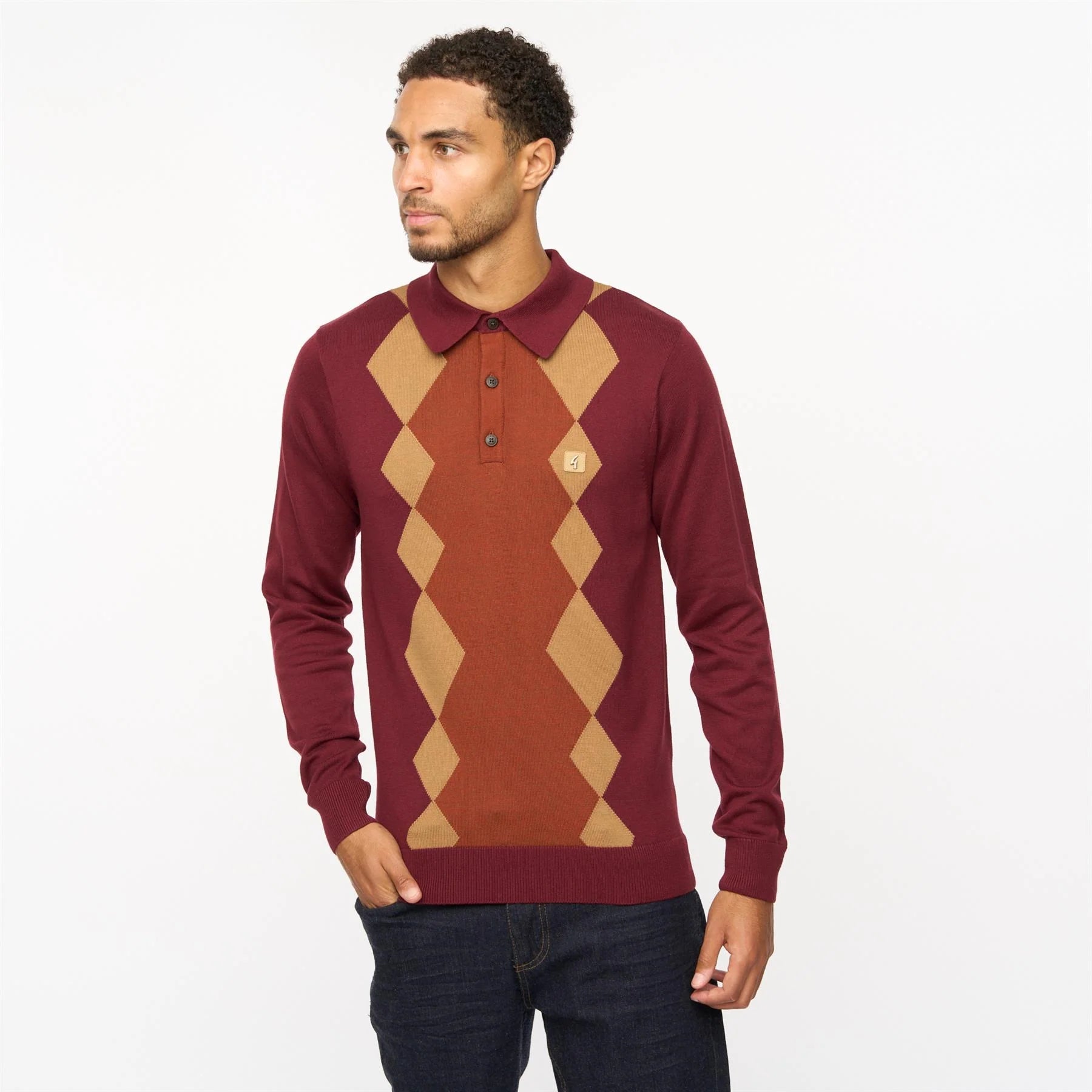 V55GM02 Mens Bond Long Sleeve Knitted Three Button Polo Gabicci Vintage