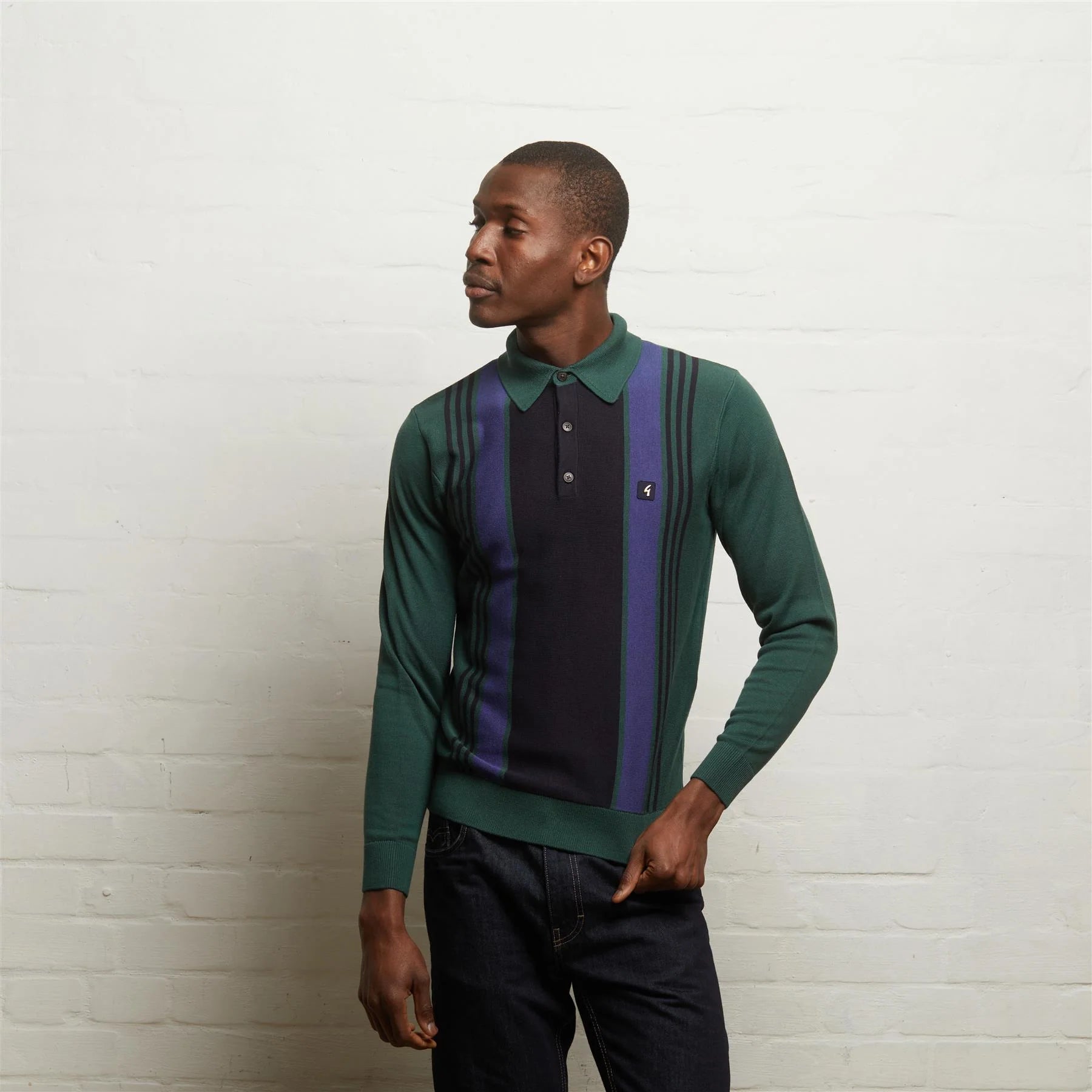 V55GM00 Mens Searle Long Sleeve Knitted Three Button Polo Gabicci Vintage - IVY