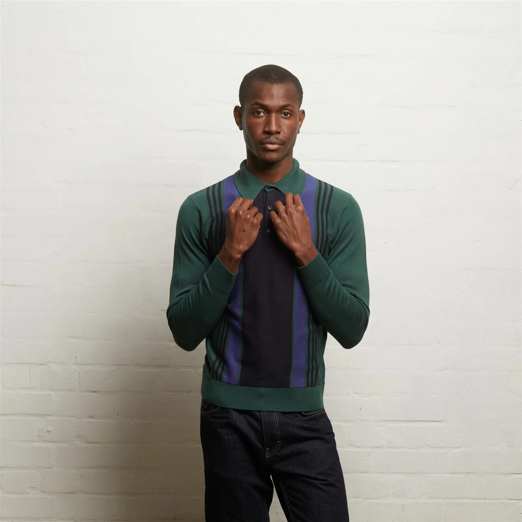 V55GM00 Mens Searle Long Sleeve Knitted Three Button Polo Gabicci Vintage - IVY