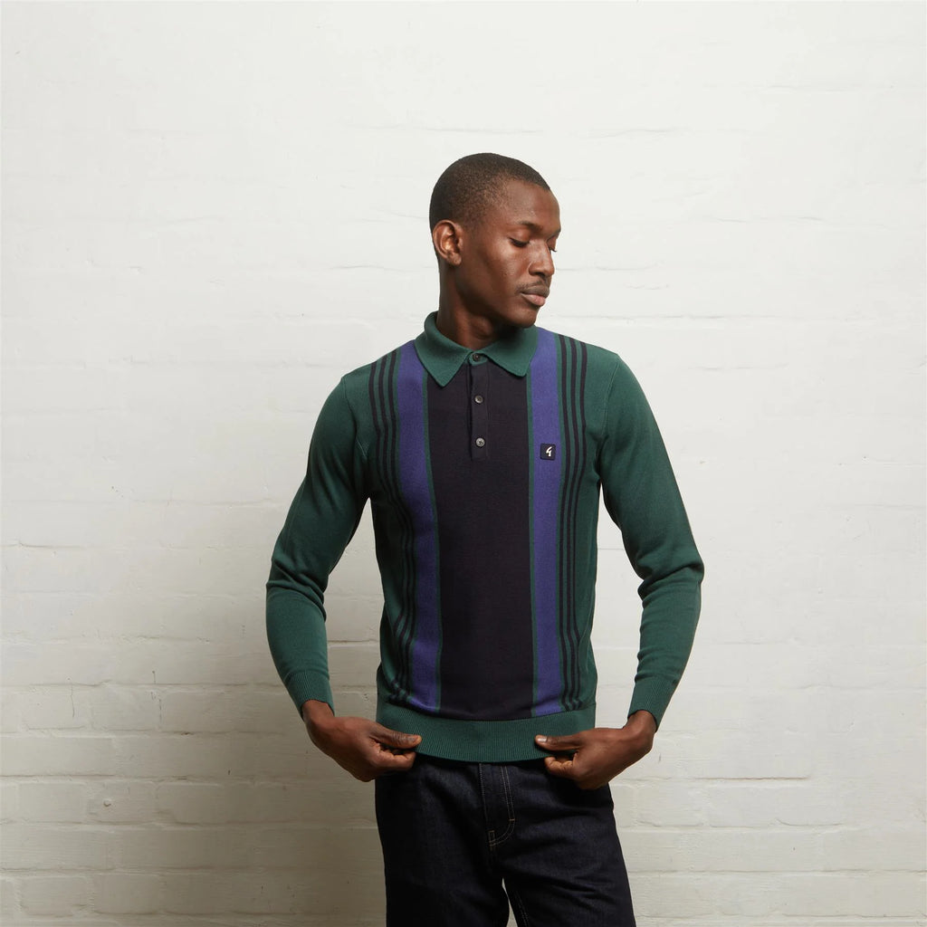 V55GM00 Mens Searle Long Sleeve Knitted Three Button Polo Gabicci Vintage - IVY