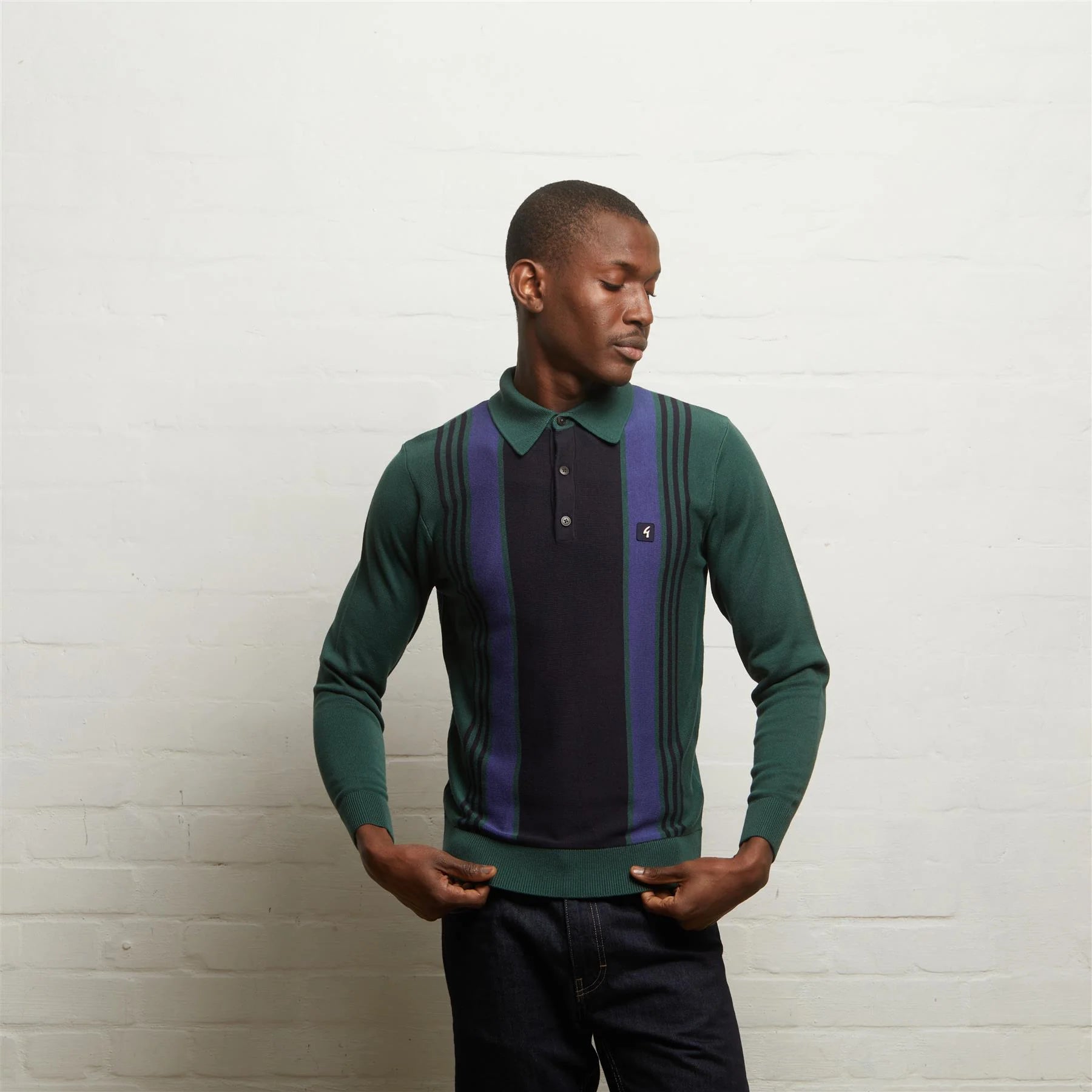 V55GM00 Mens Searle Long Sleeve Knitted Three Button Polo Gabicci Vintage - IVY