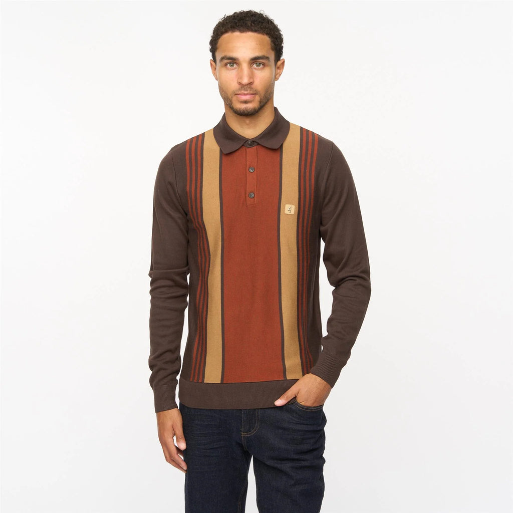 V55GM00 Mens Searle Long Sleeve Knitted Three Button Polo Gabicci Vintage - CLOVE