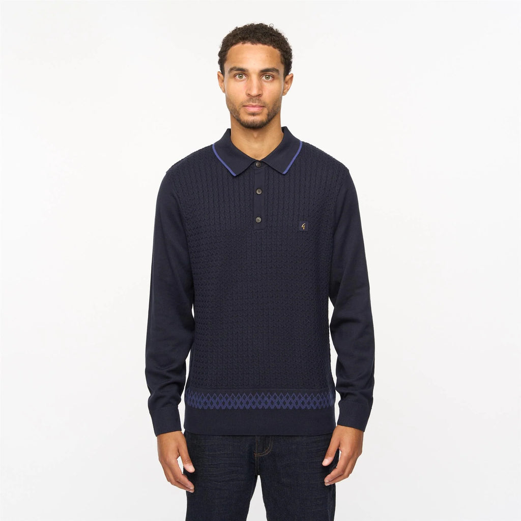 V55GM05 Mens Ely Long Sleeve Knitted Three Button Polo Gabicci Vintage - NAVY