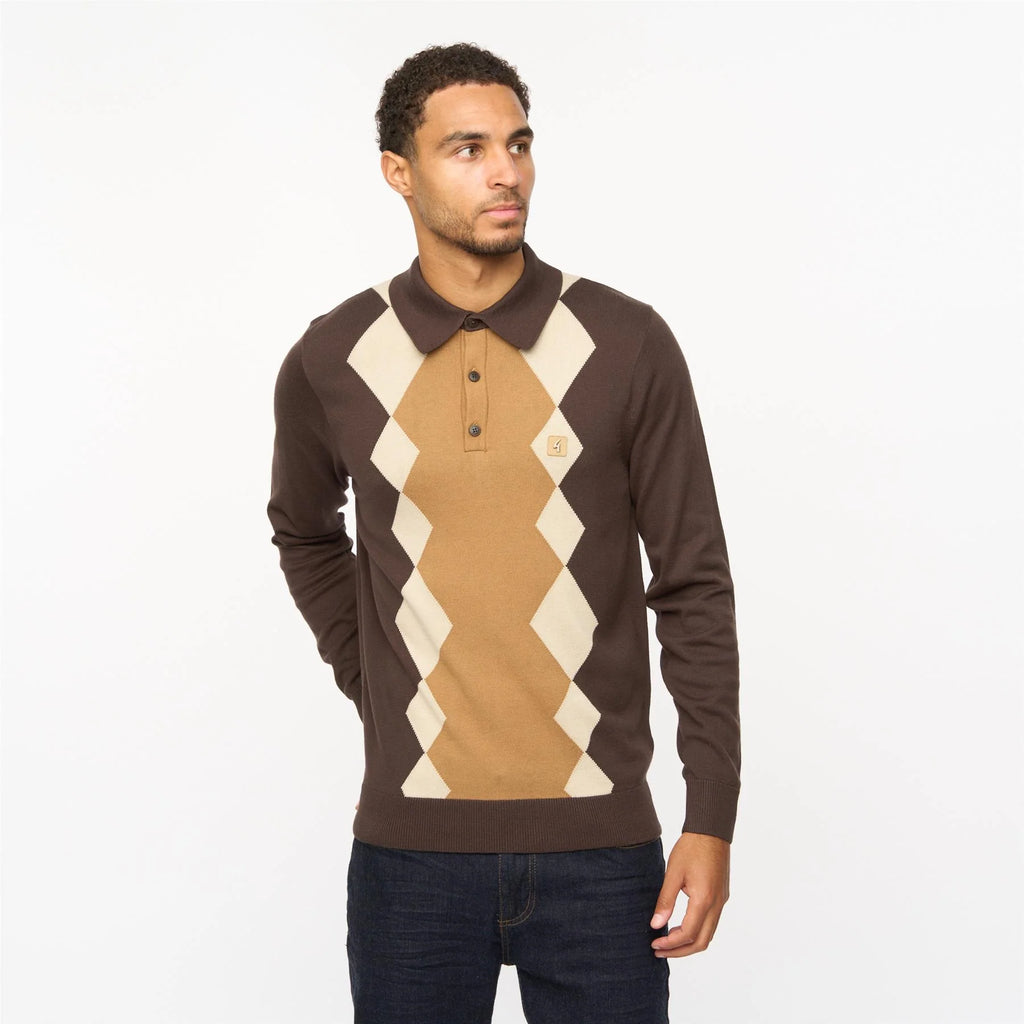 V55GM02 Mens Bond Long Sleeve Knitted Three Button Polo Gabicci Vintage